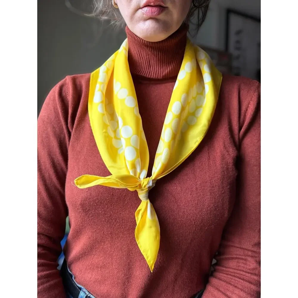 Vintage 60s Yellow Silk Scarf | Daisy Motif + Mod Dotted Border | 25” Square - Picture 3 of 6